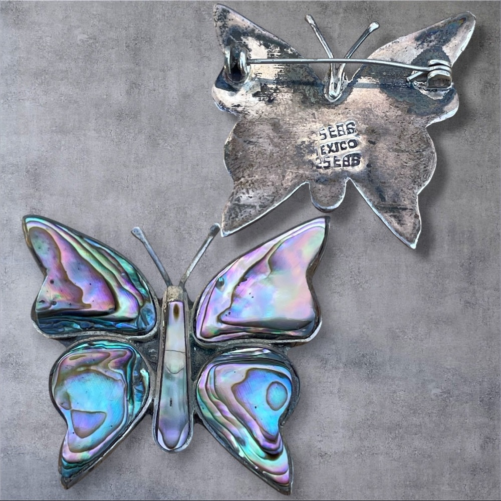 Vintage Butterfly Abalone Inlay Silver Mexico Pin Brooch - Picture 2 of 13